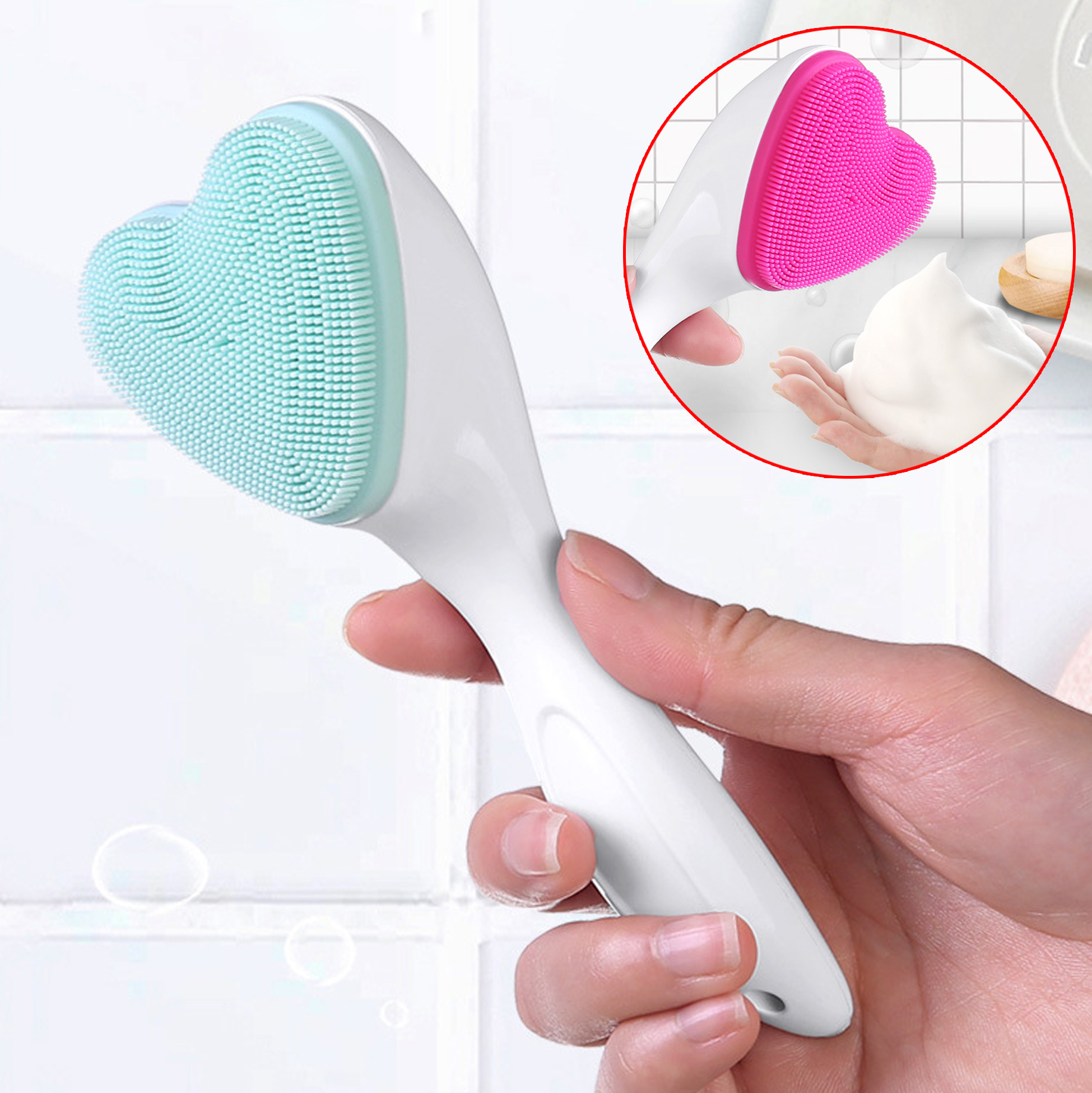Heart Shaped Silicone Facial Cleansing Brush with Handle