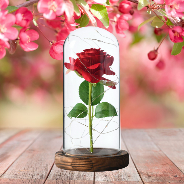 Preserved Red Rose in Glass Dome with LED Lights