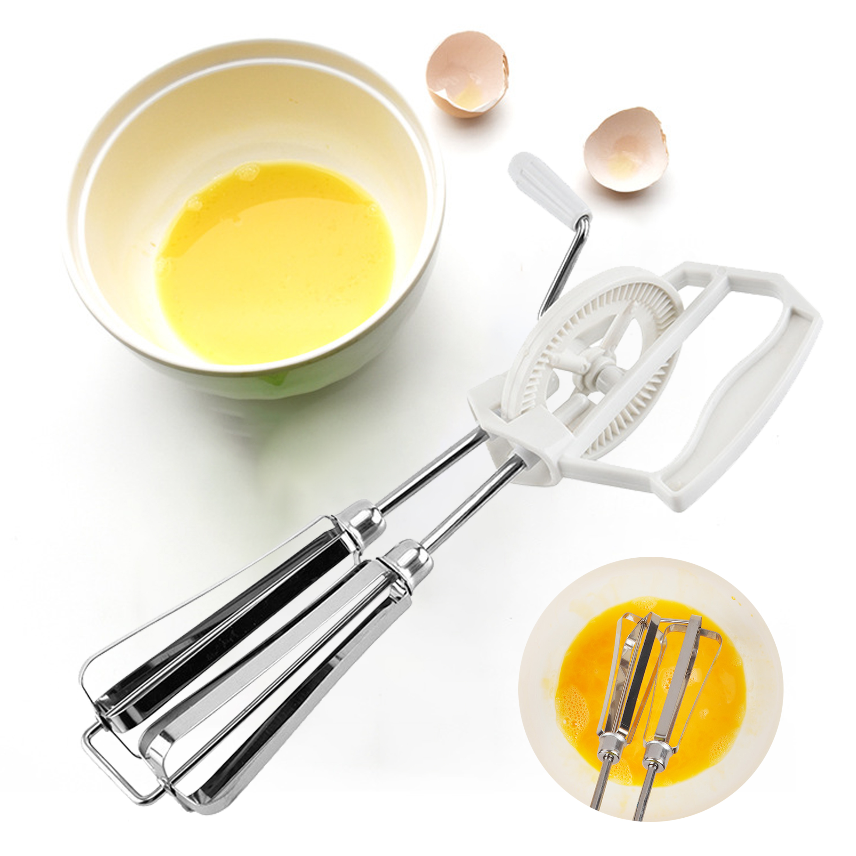 Manual Hand-Crank Egg Beater with Stainless Steel Whisks