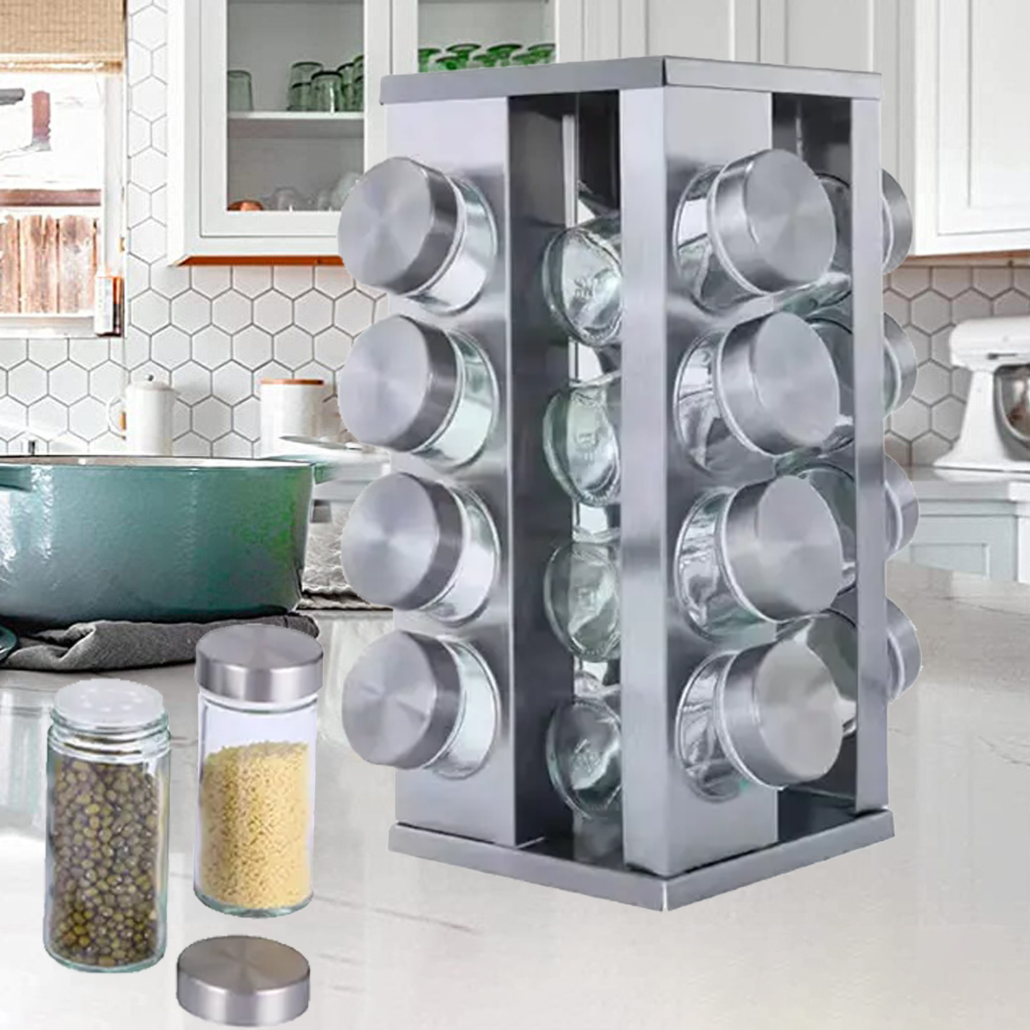 1 Set Seasoning Bottle Moisture-proof Large Capacity 90ml Spice Jar With Square 360 Degrees Rotating Storage Rack Kitchen Gadget