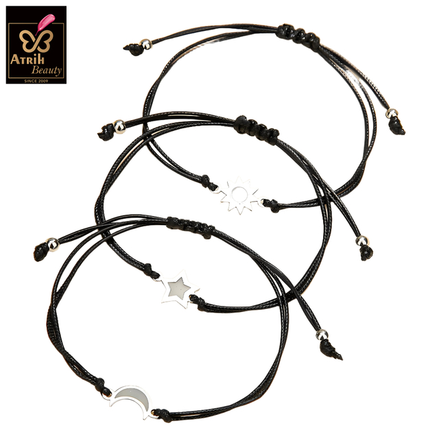 Adjustable Black Cord Bracelet with Celestial Symbol Charm