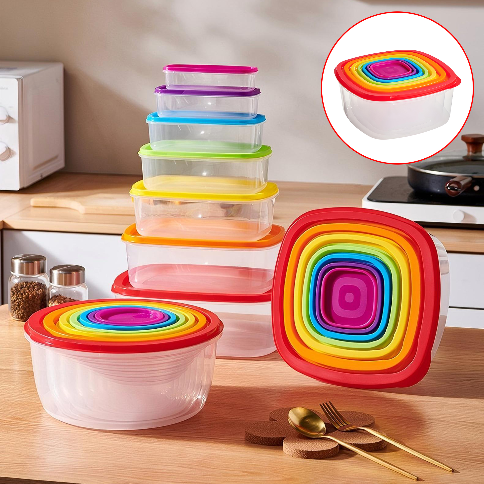 7 Piece Plastic Food Storage Bowl Set with Colorful Lids