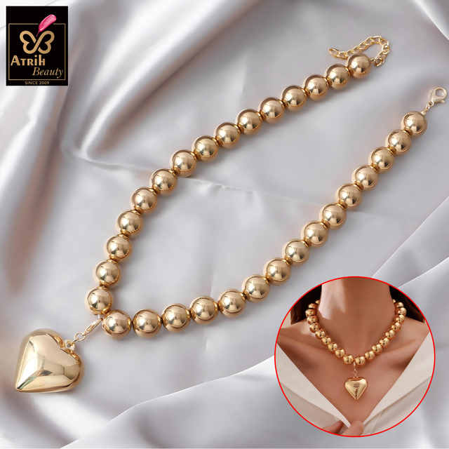 Gold Tone Beaded Choker Necklace with Heart Pendant