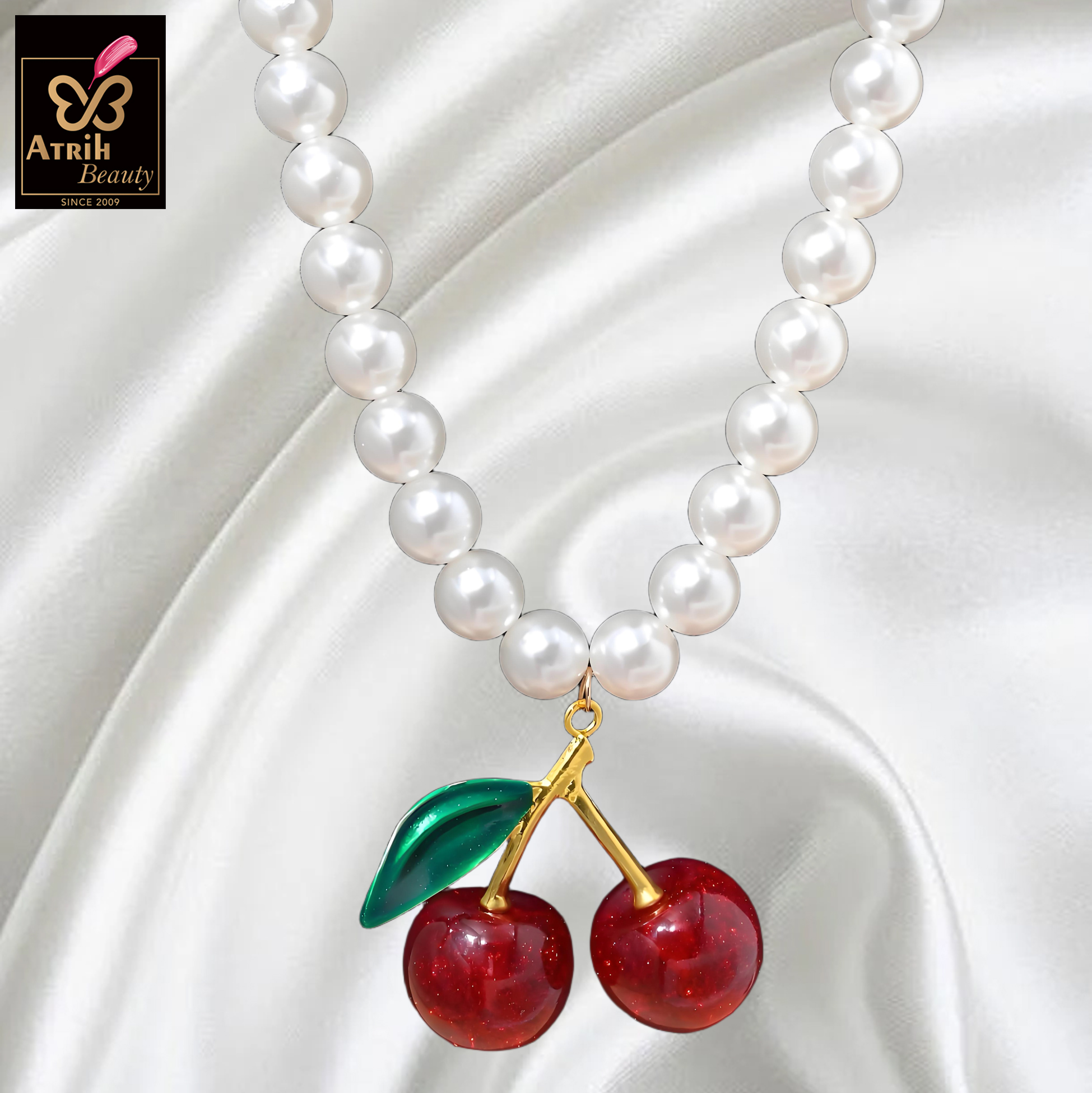 Pearl Necklace with Cherry Pendant Vintage Inspired Jewelry