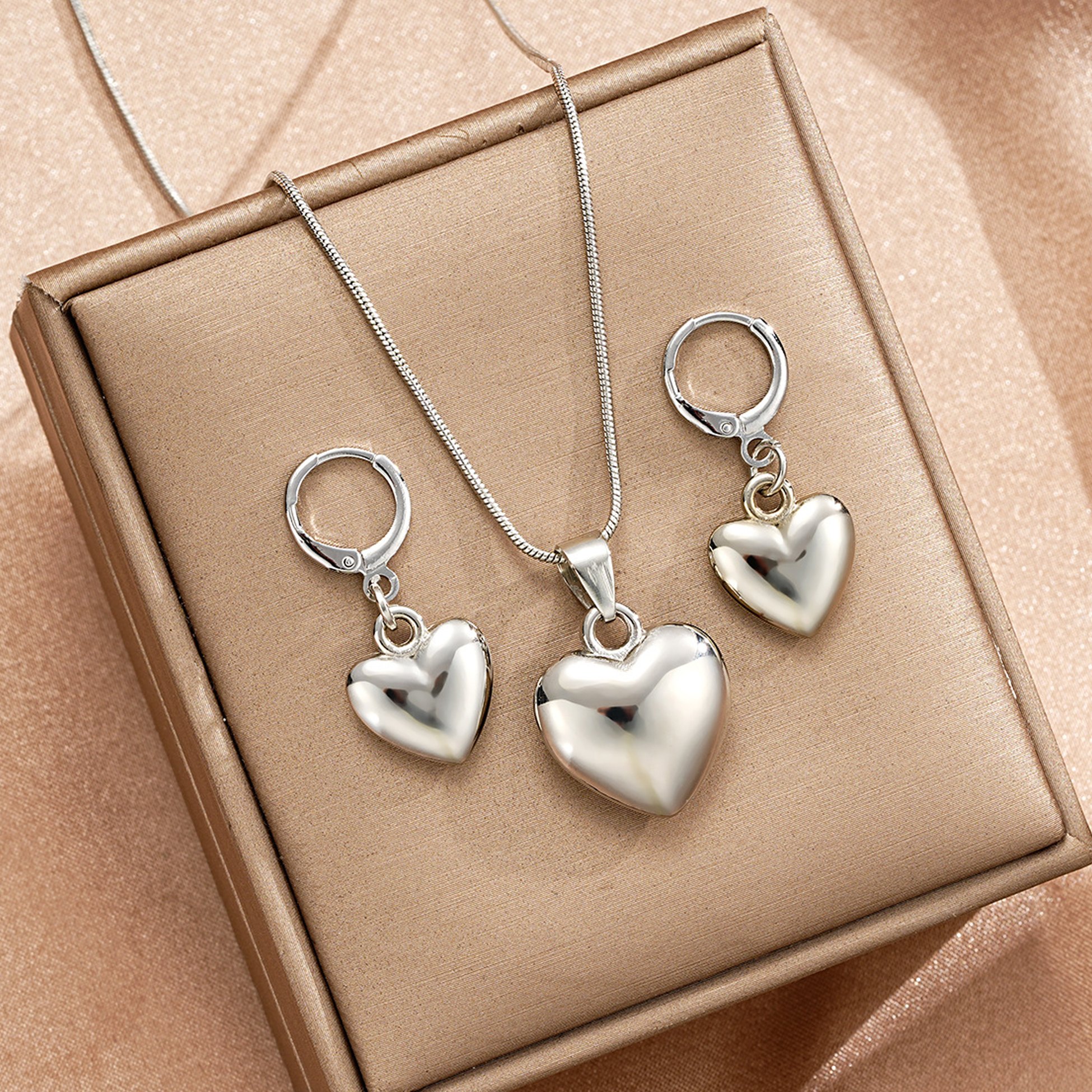 Silver Heart Jewelry Set with Necklace & Earrings