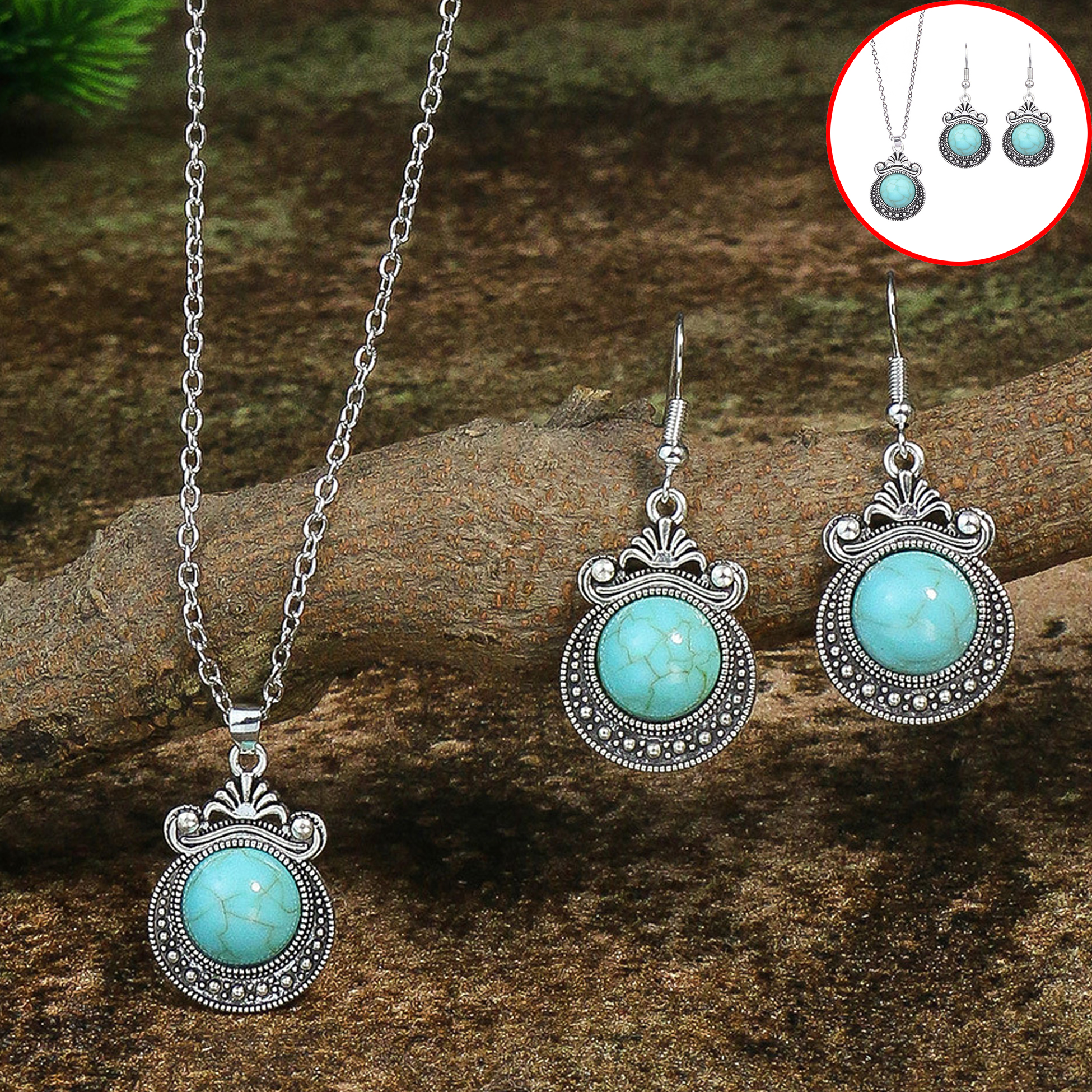Turquoise - Adorned Silver-Toned Jewelry Set