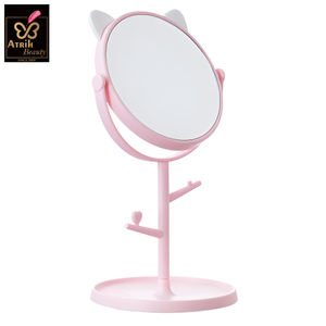 Pink Cat Inspired Desktop Makeup Mirror with Storage Hooks