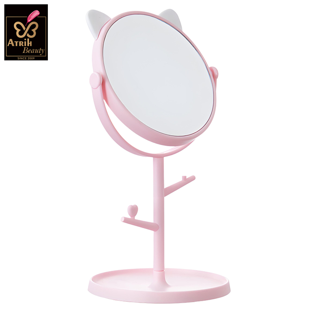 Pink Cat Inspired Desktop Makeup Mirror with Storage Hooks