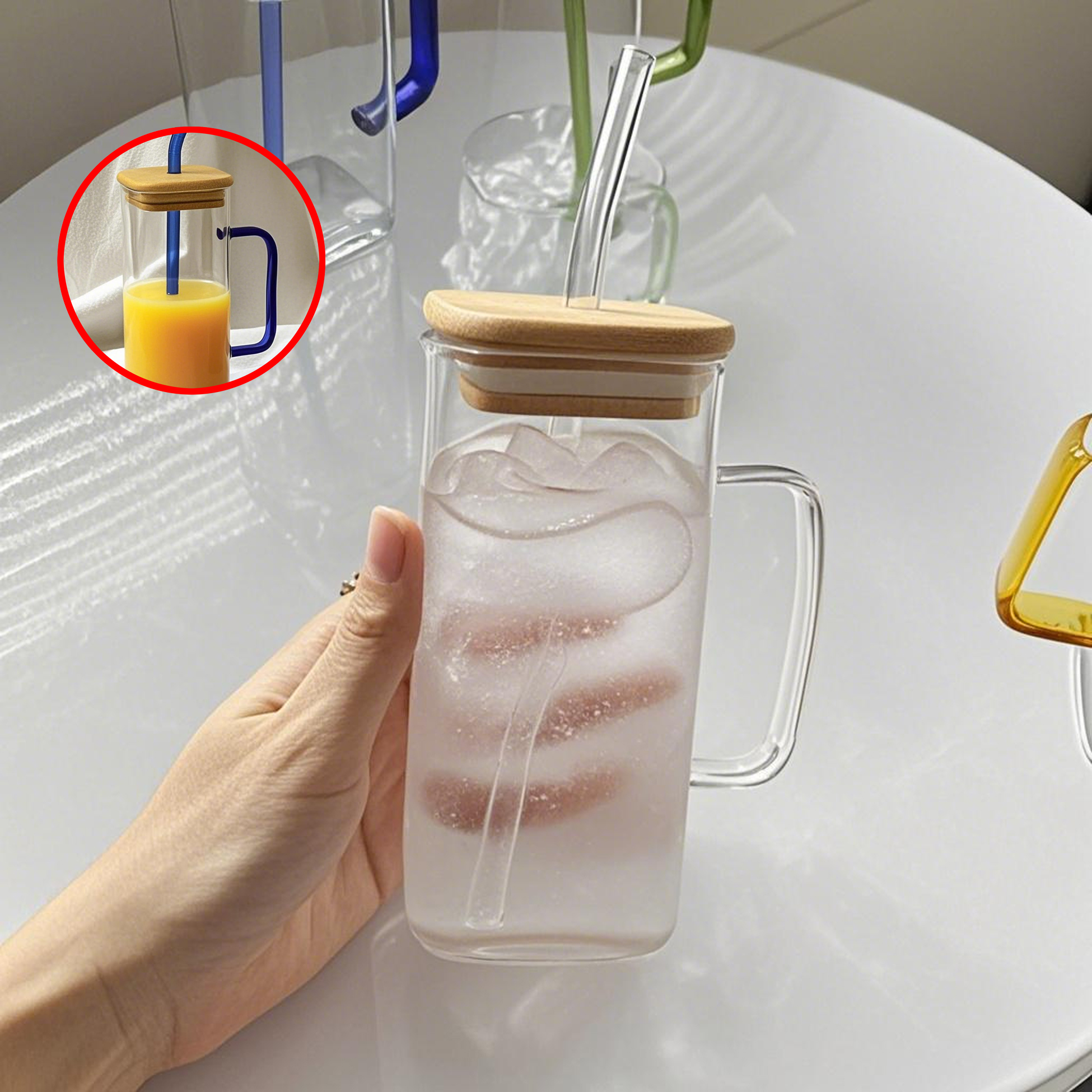Transparent Glass Mug with Wooden Lid & Straw