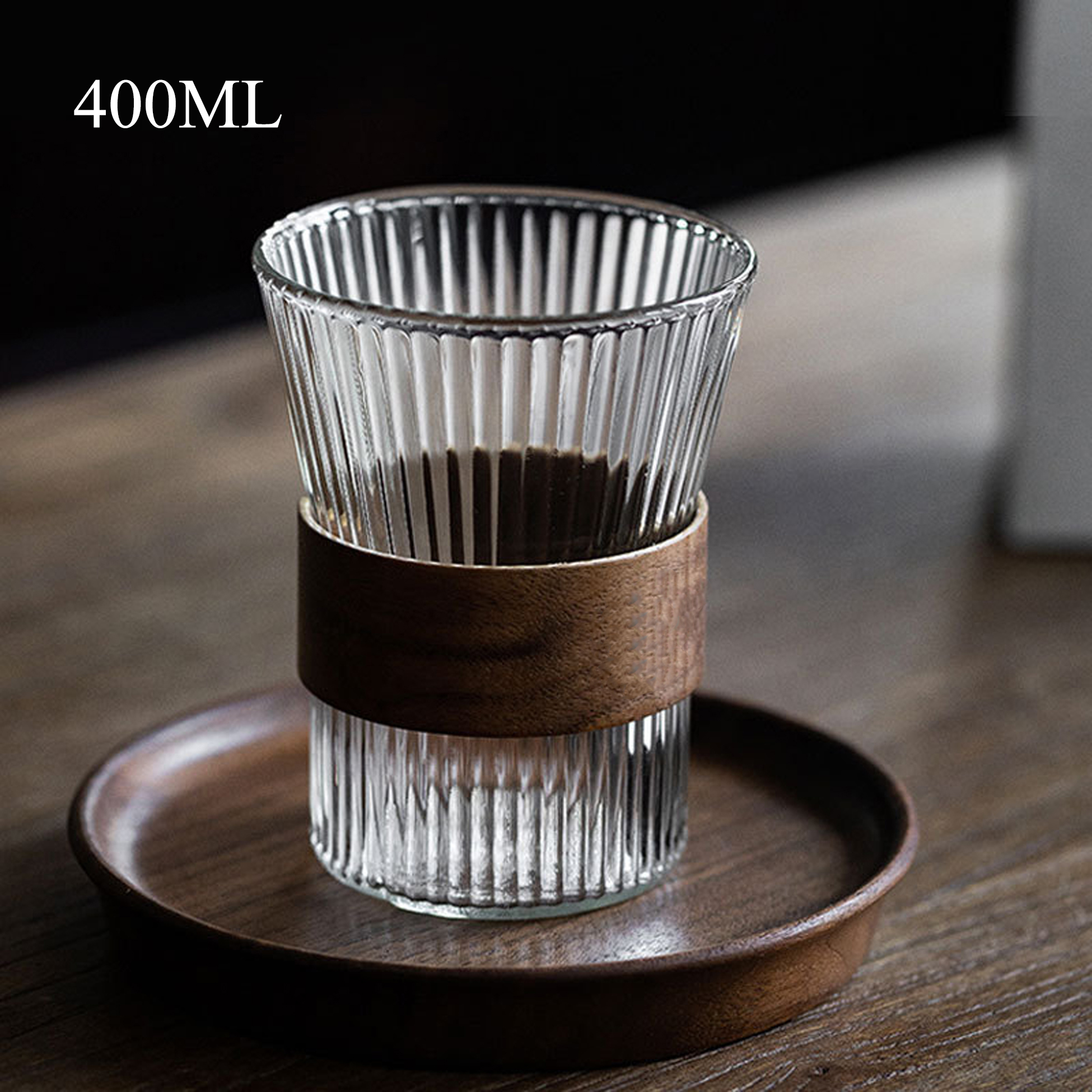 400ML Ribbed Glass Cup with Wooden Band