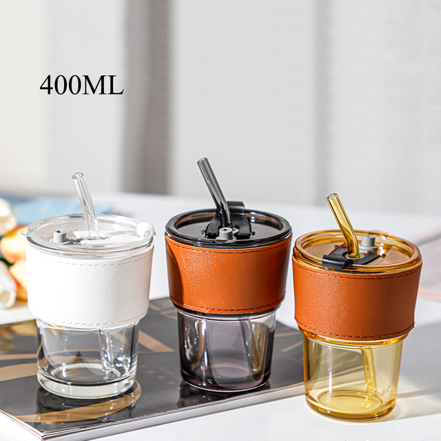 400ML Glass Tumbler with Leather Sleeve and Straw