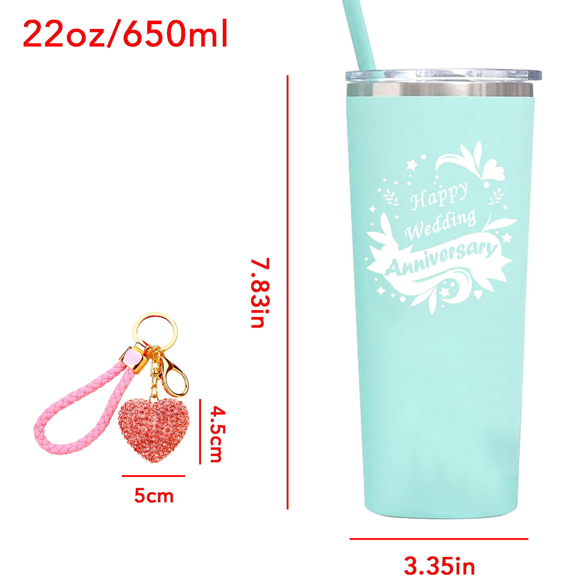 Mint Green Stainless Steel Tumbler Set with Rhinestone Keychain