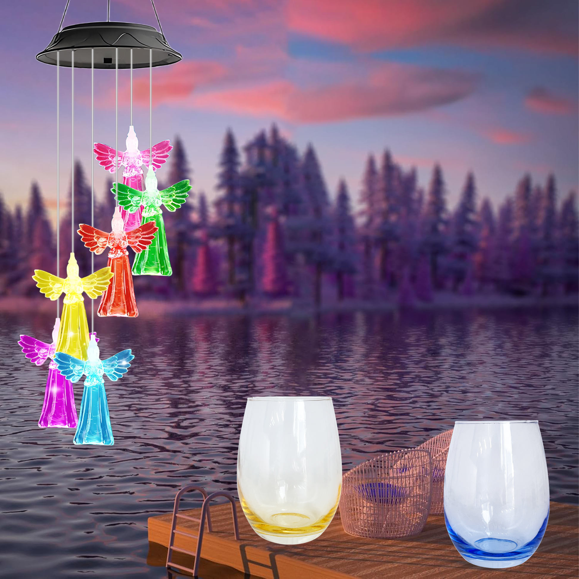 Colorful Angel Wind Chime & Tinted Wine Glass Set