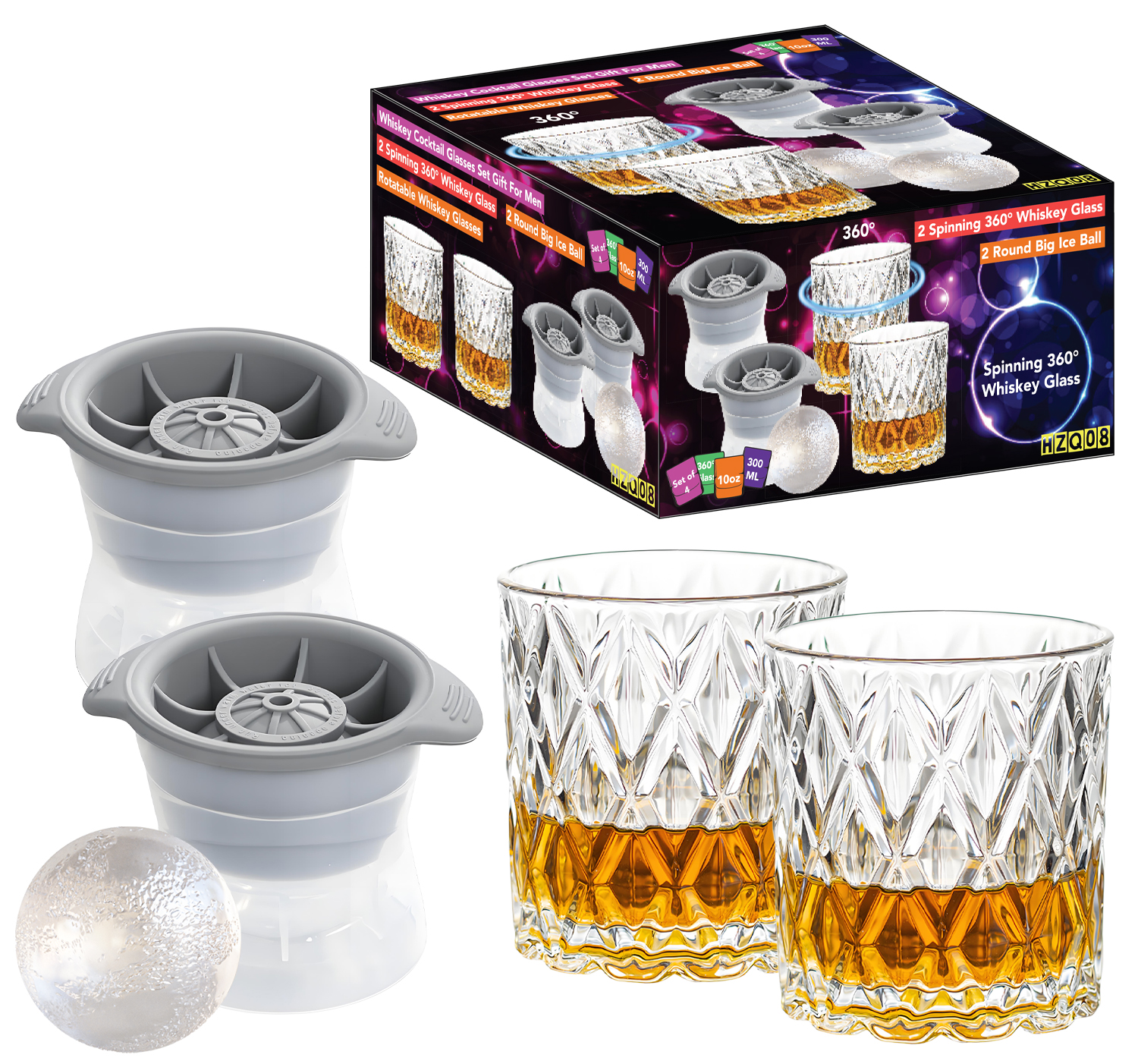 2 Spherical Ice Molds + 2 Whiskey Glasses