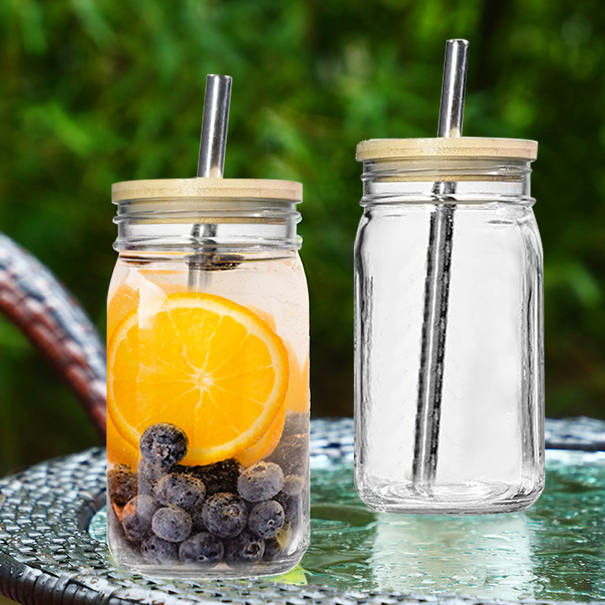 Set of 4 Mason Jar Style Glass SUS Straw with Bamboo & Tin Lids