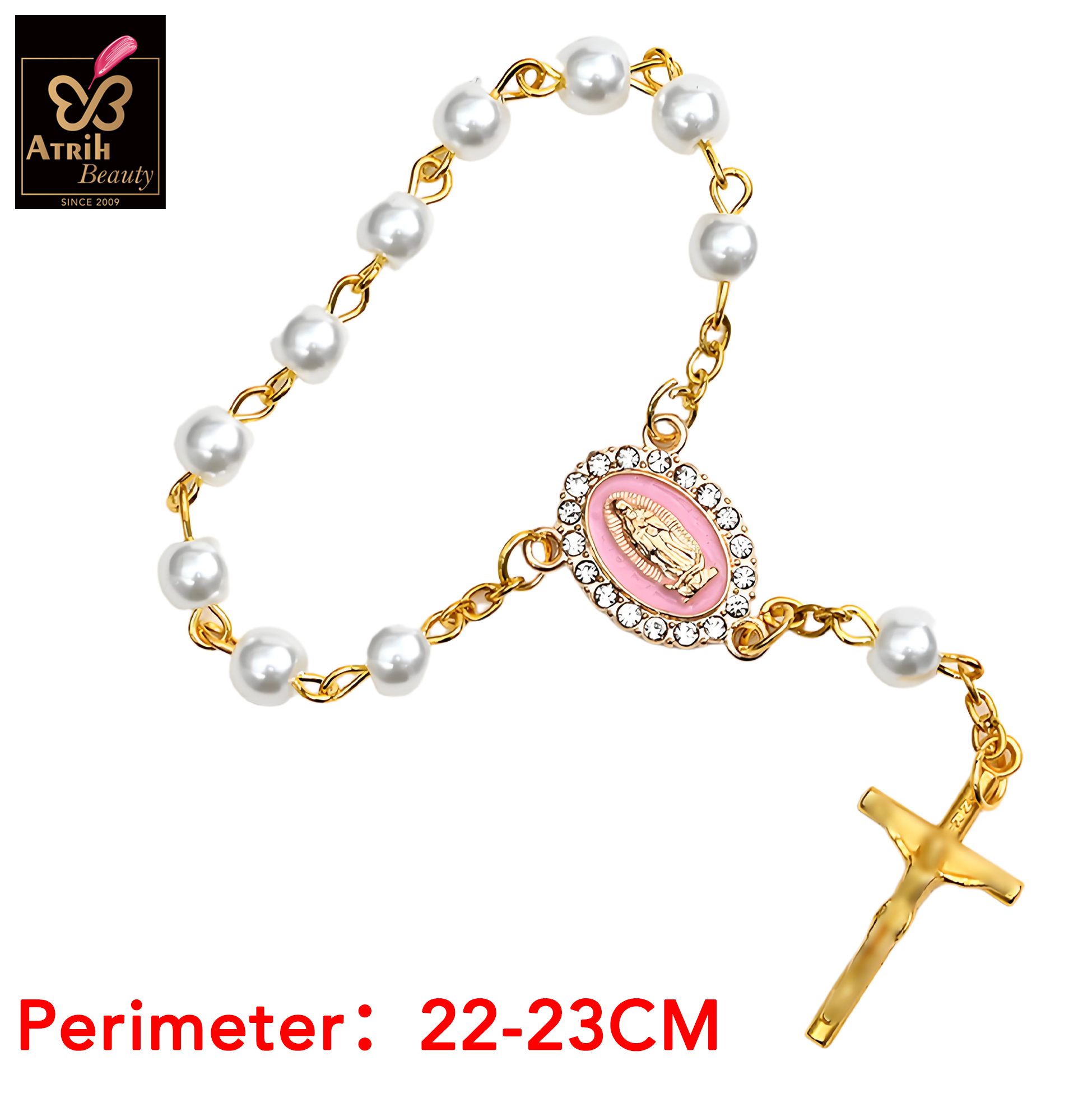 Pearl Beaded Rosary Bracelet with Gold Plated Cross And Saint Medallion