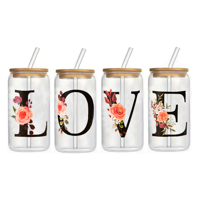 "LOVE" Floral Glass Tumbler Set with Bamboo Lids & Straws