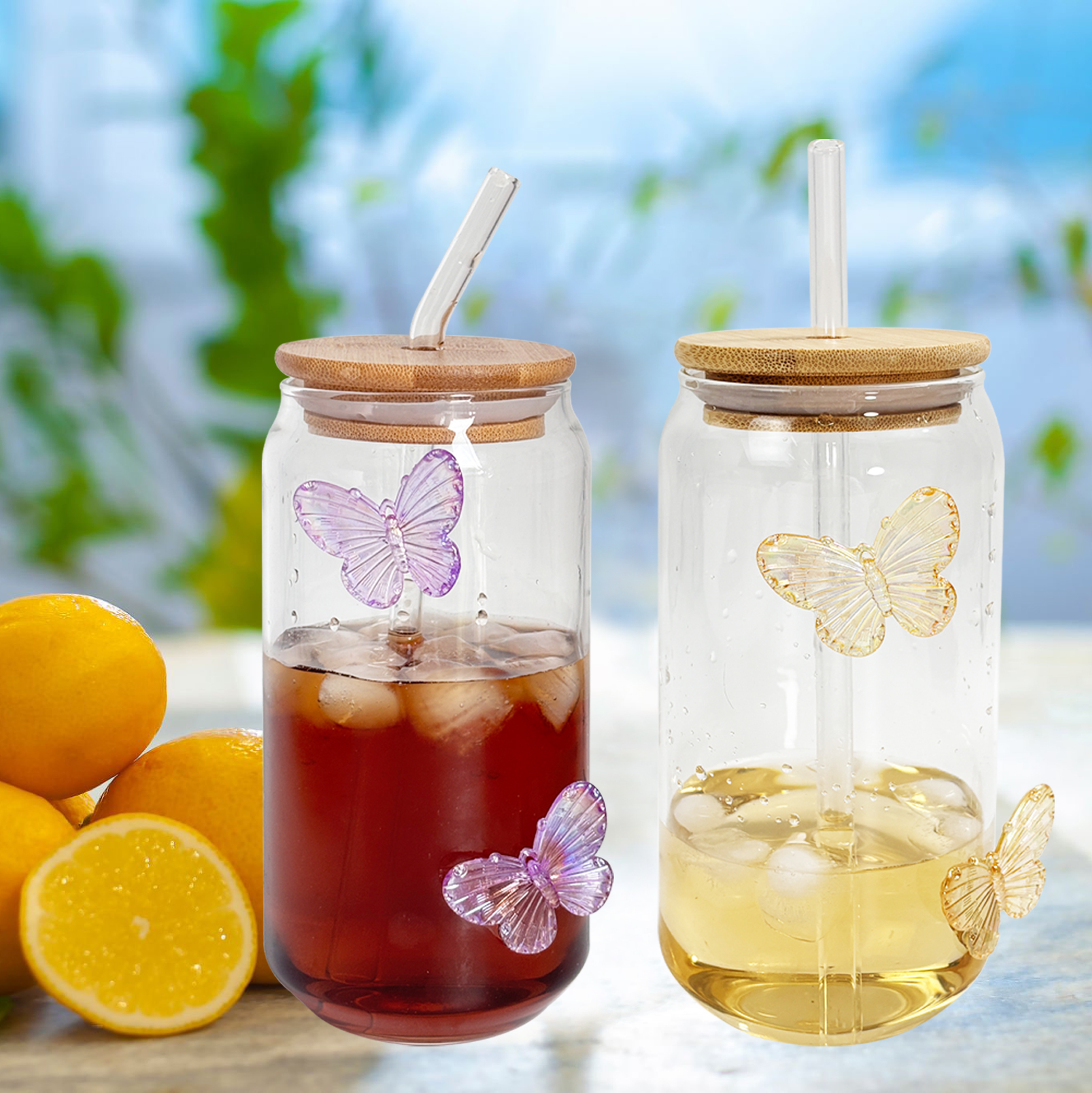 Butterfly Decor Glass Tumbler Set with Bamboo Lids & Straws