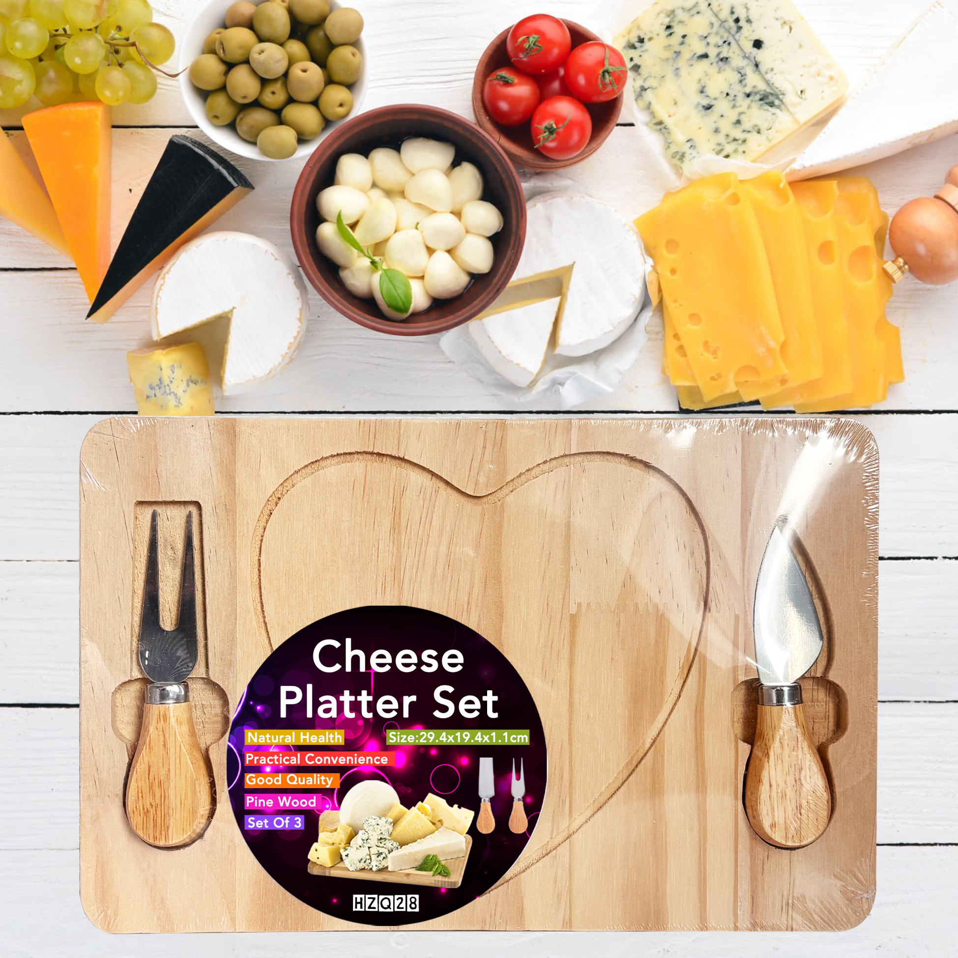 Heart Shaped Wooden Cheese Board Set with 2 Tools