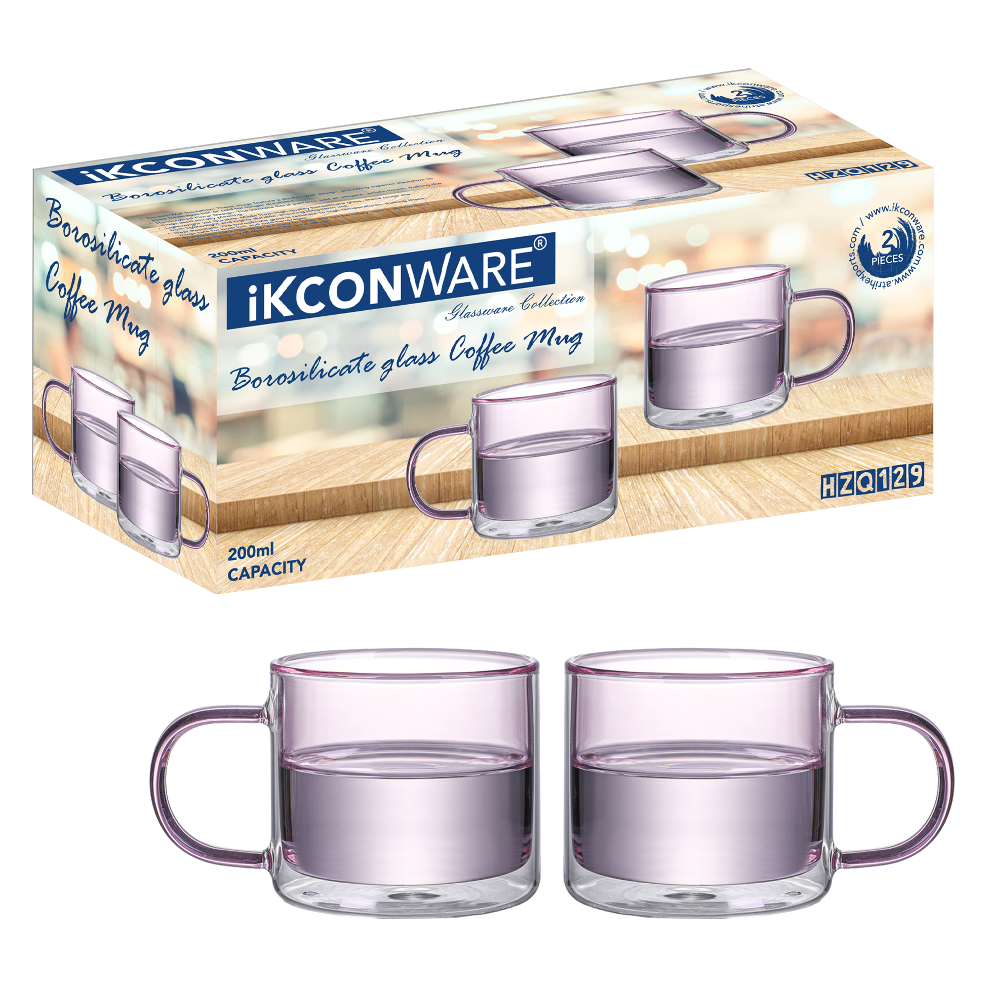 200ml Double Walled Pink tinted Glass Mug with Handle
