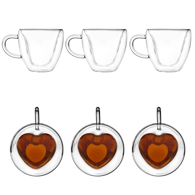 6 Pcs Double-Wall Heart-themed Glass Coffee Mugs