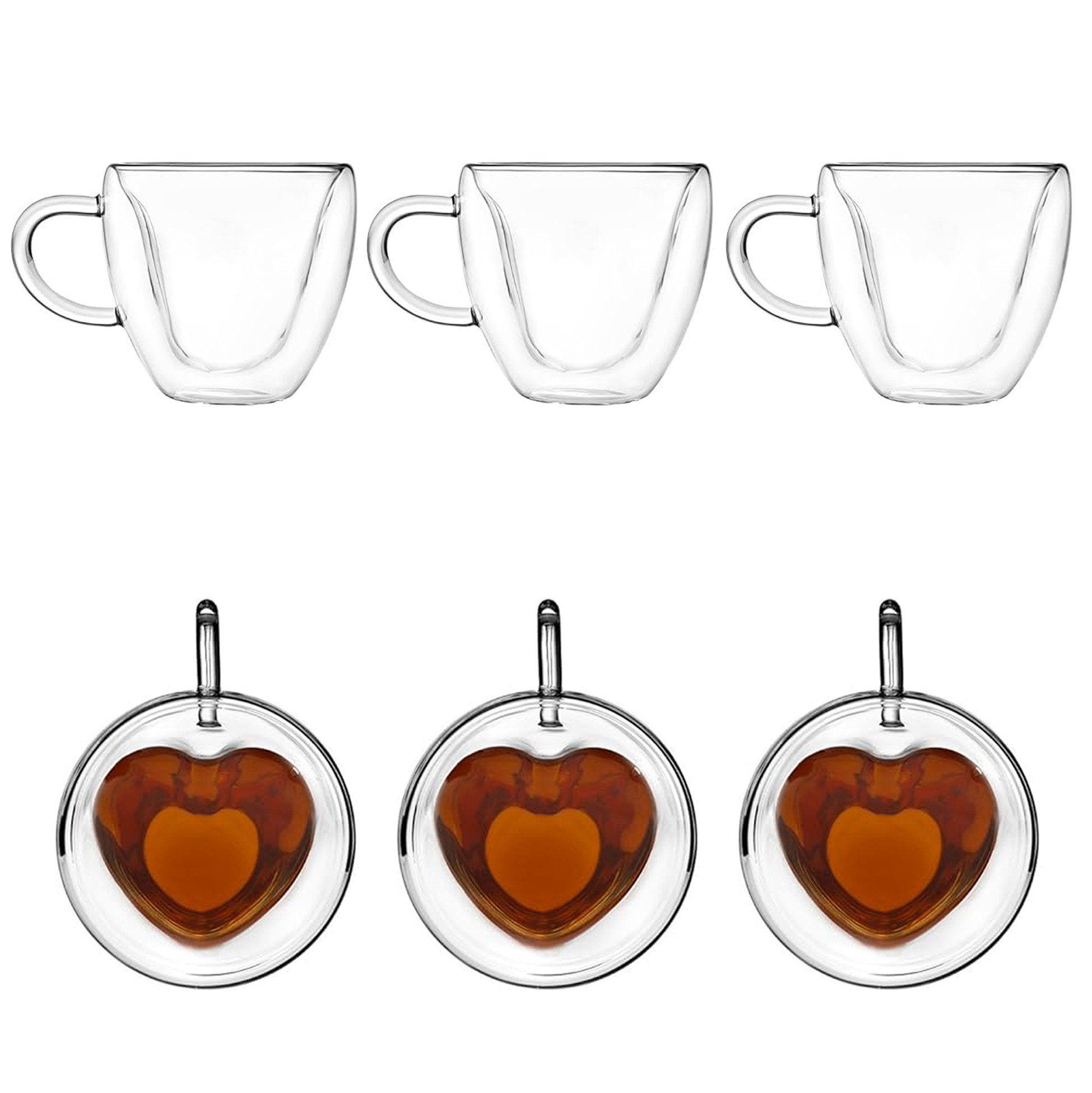 6 Pcs Double-Wall Heart-themed Glass Coffee Mugs