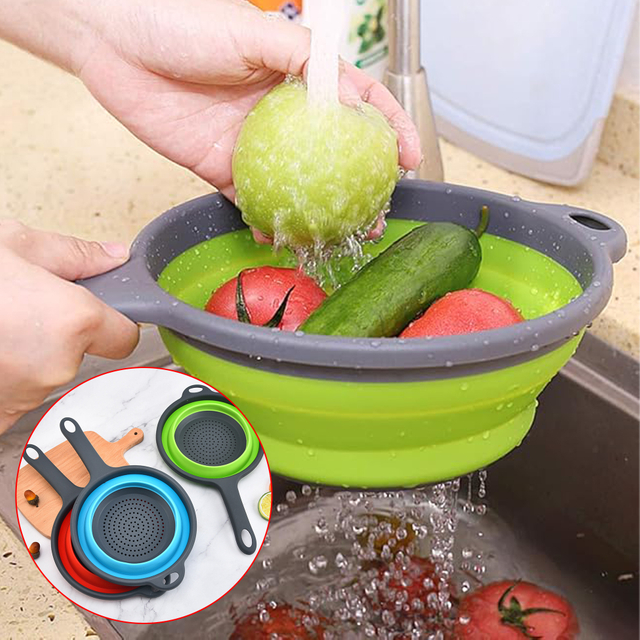 Kitchen Foldable Silicone Strainer Colanders, Collapsible Colanders with Handles