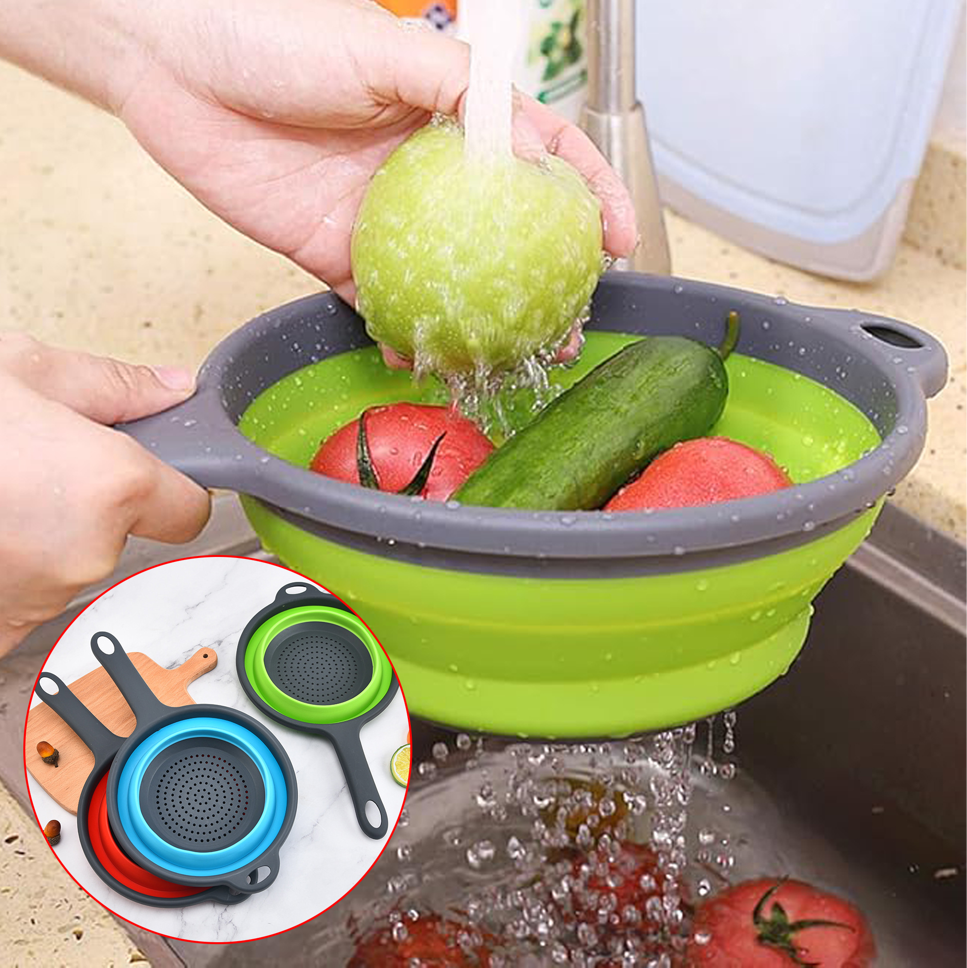 Kitchen Foldable Silicone Strainer Colanders, Collapsible Colanders with Handles