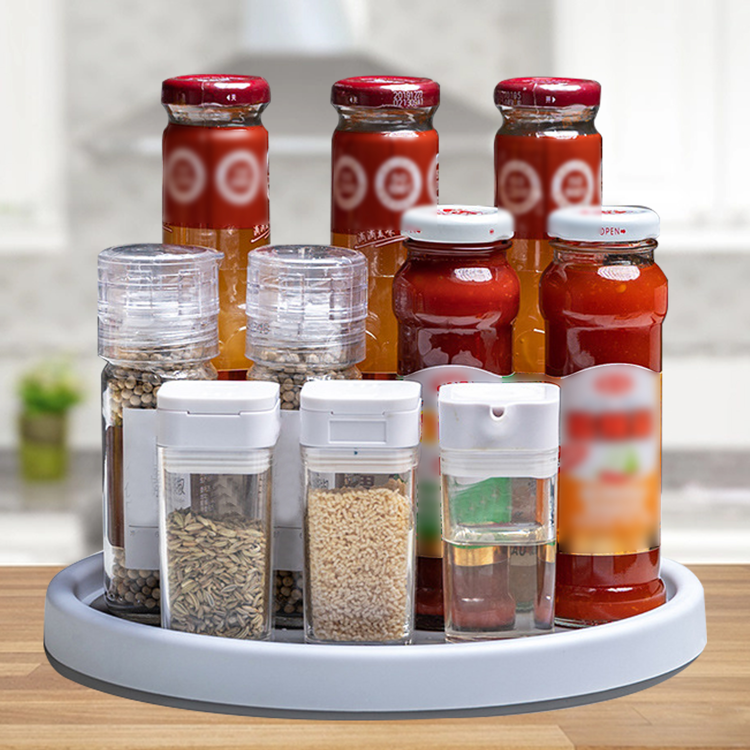360 Rotation Non-Skid Spice Rack Pantry Cabinet Turntable with Wide Base Storage Tray Rotating Organizer for Kitchen Seasoning