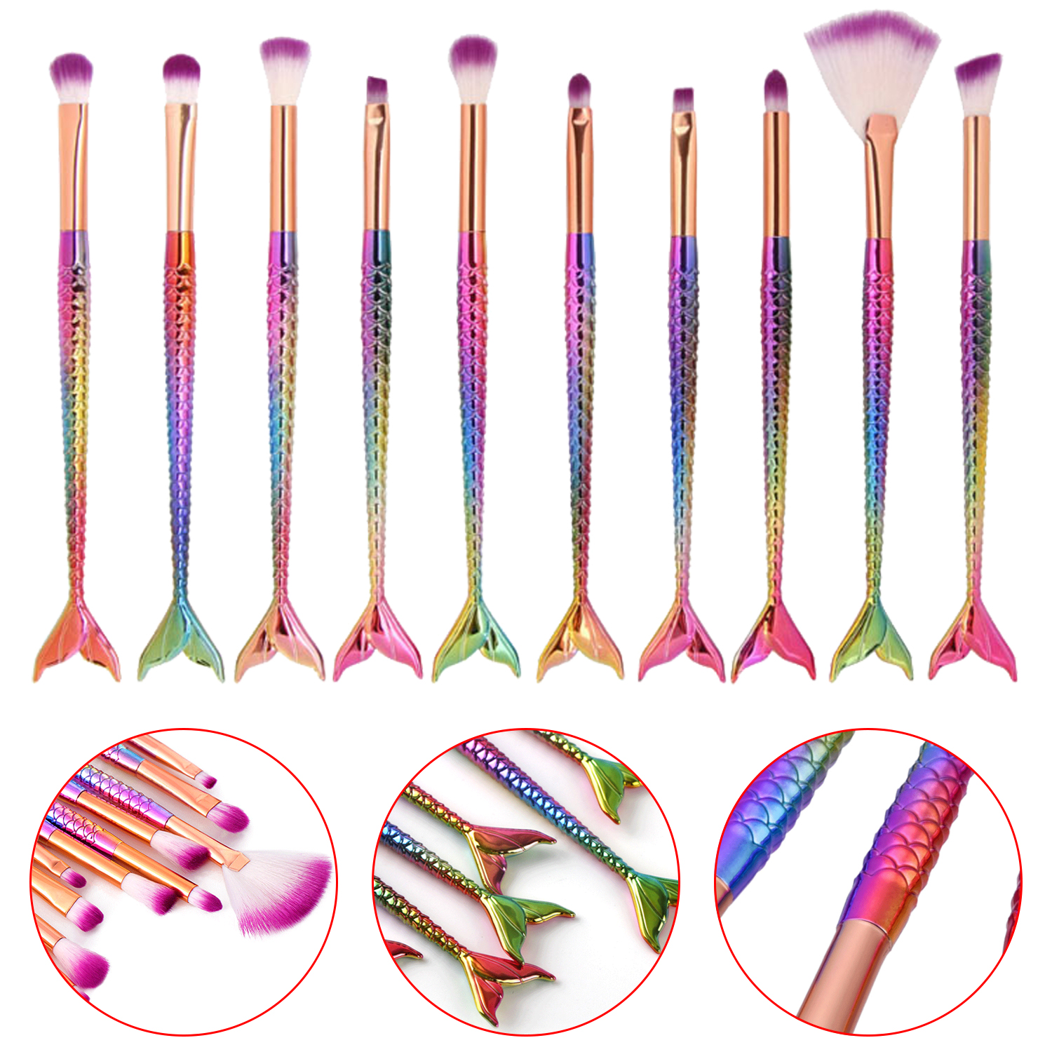 10 pcs Beauty Mermaid Fishtail Professional Makeup Brush Set