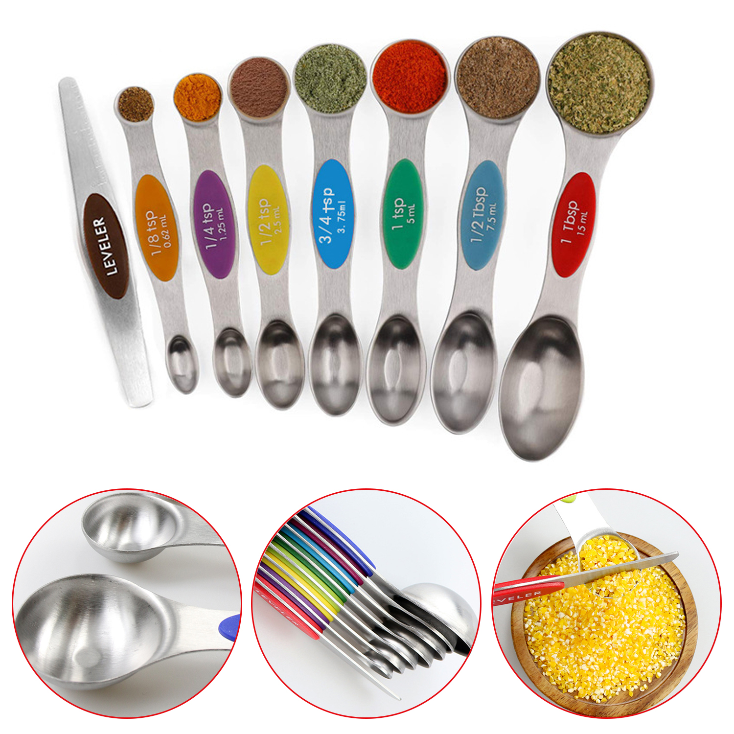 8 PCS Stainless Steel Double Headed Measuring Spoon Leveler Set For Baking With Magnetic Multicolor