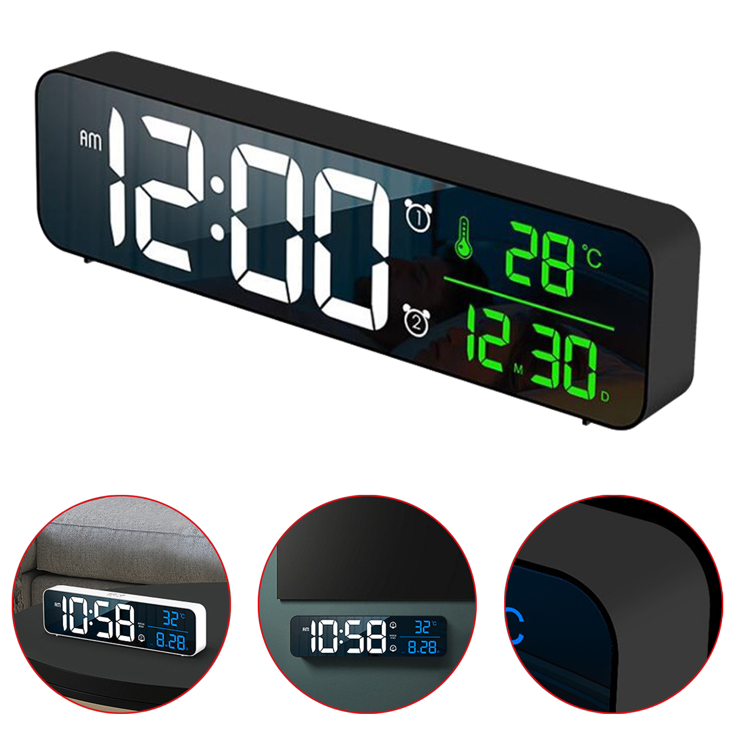 LED Digital Alarm Clock Snooze Temperature Date Display USB Desktop Strip Mirror LED Clocks for Living Room Decoration