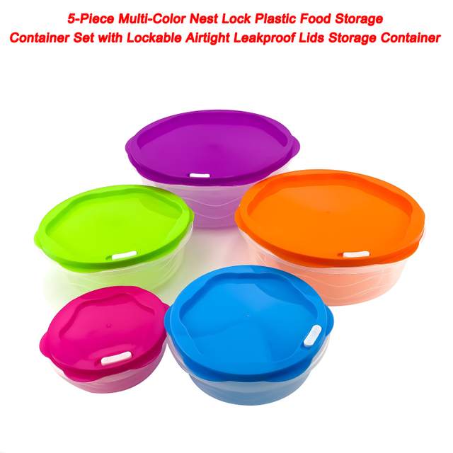 5-Piece Multi-Color Nest Lock Plastic Food Storage Container Set with Lockable Airtight Leakproof Lids Storage Container