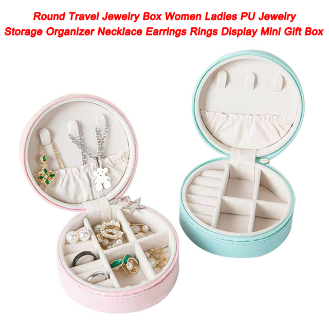 Round Travel Jewellery Box Women Ladies PU Jewellery Storage Organizer Necklace Earrings Rings Display Mini Gift Box