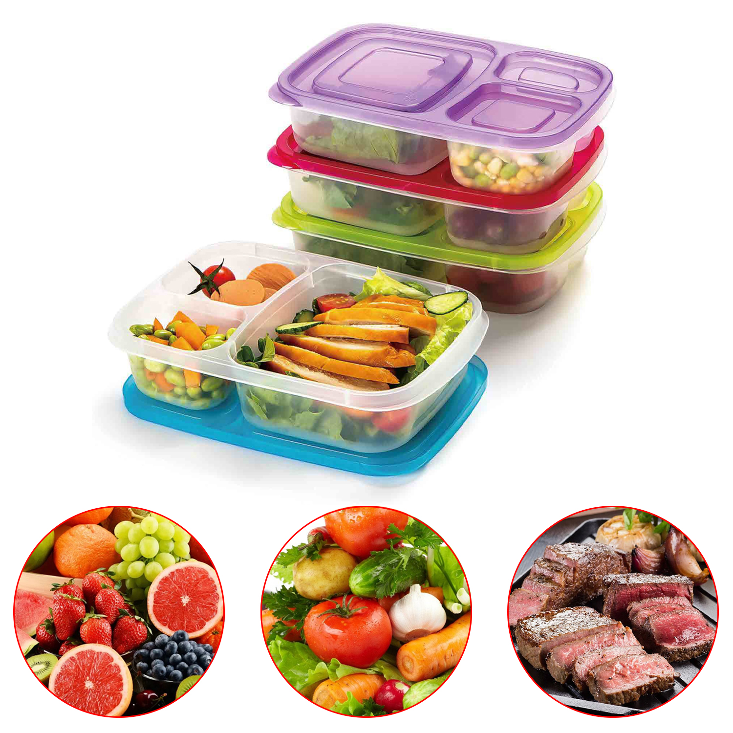 Multi Color Plastic Three Compartment Lunch Box Food Lunch Box Microwave Picnic Food Container Storage Box