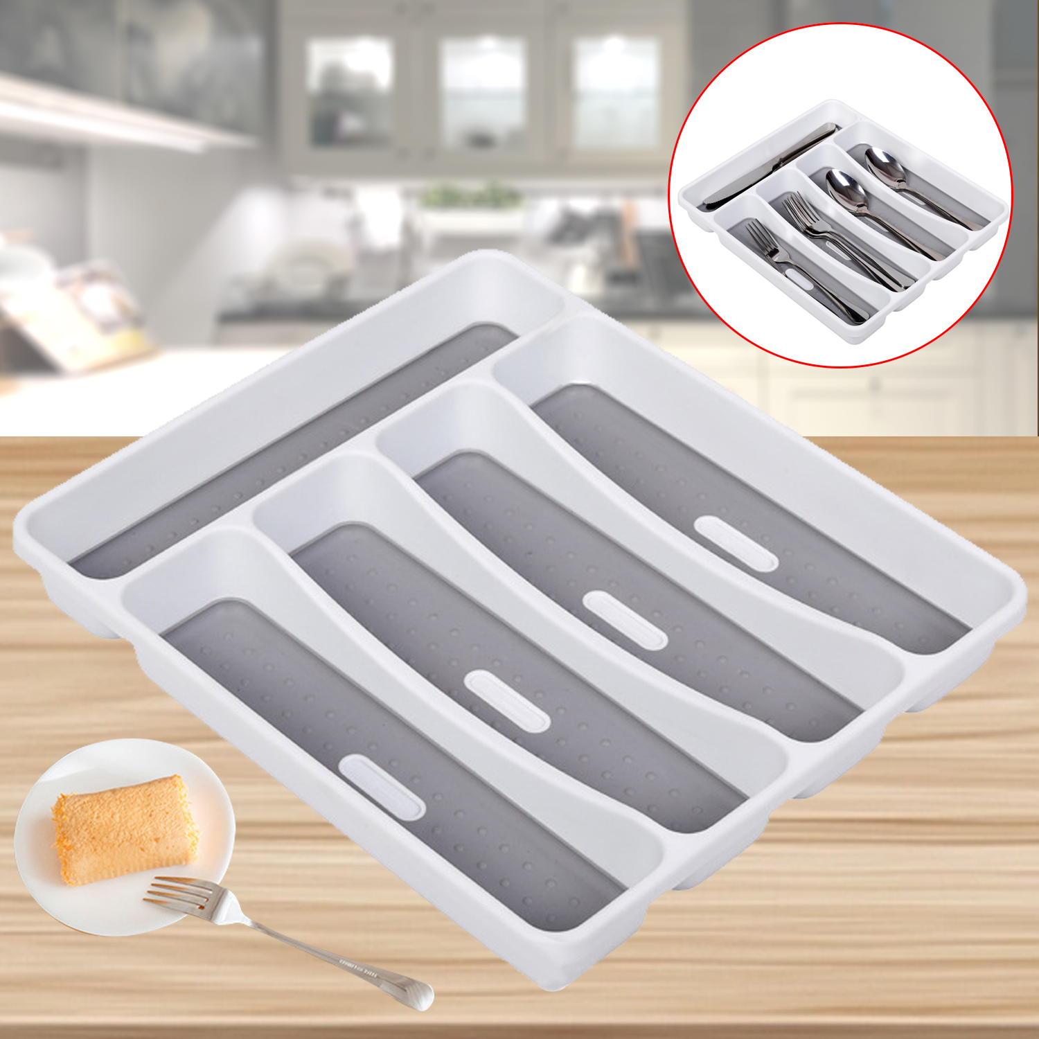 Cutlery Storage Tray Large Silverware Tray 5 Compartments Kitchen Drawer Organizer with Soft-Grip Lining And Non-Slip Rubber Feet