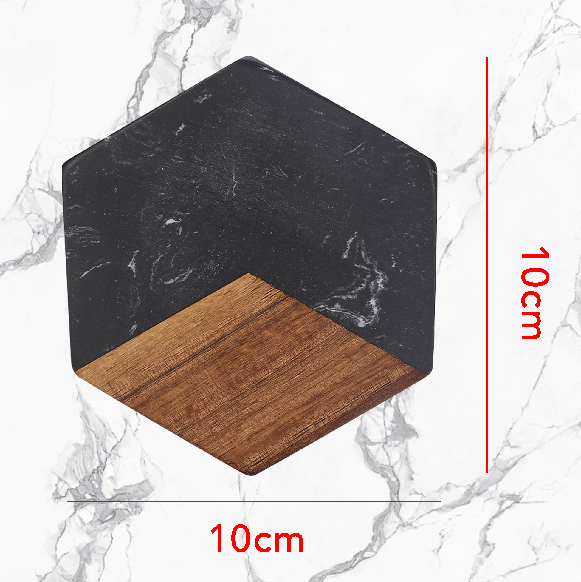 4-pcs Black Marble & Wood Hexagonal Coasters