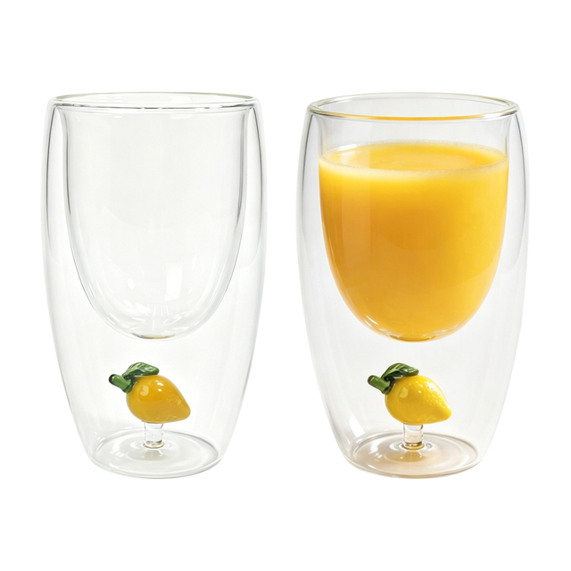 Set of 2 300ml Lemon Double Wall Glass Cup