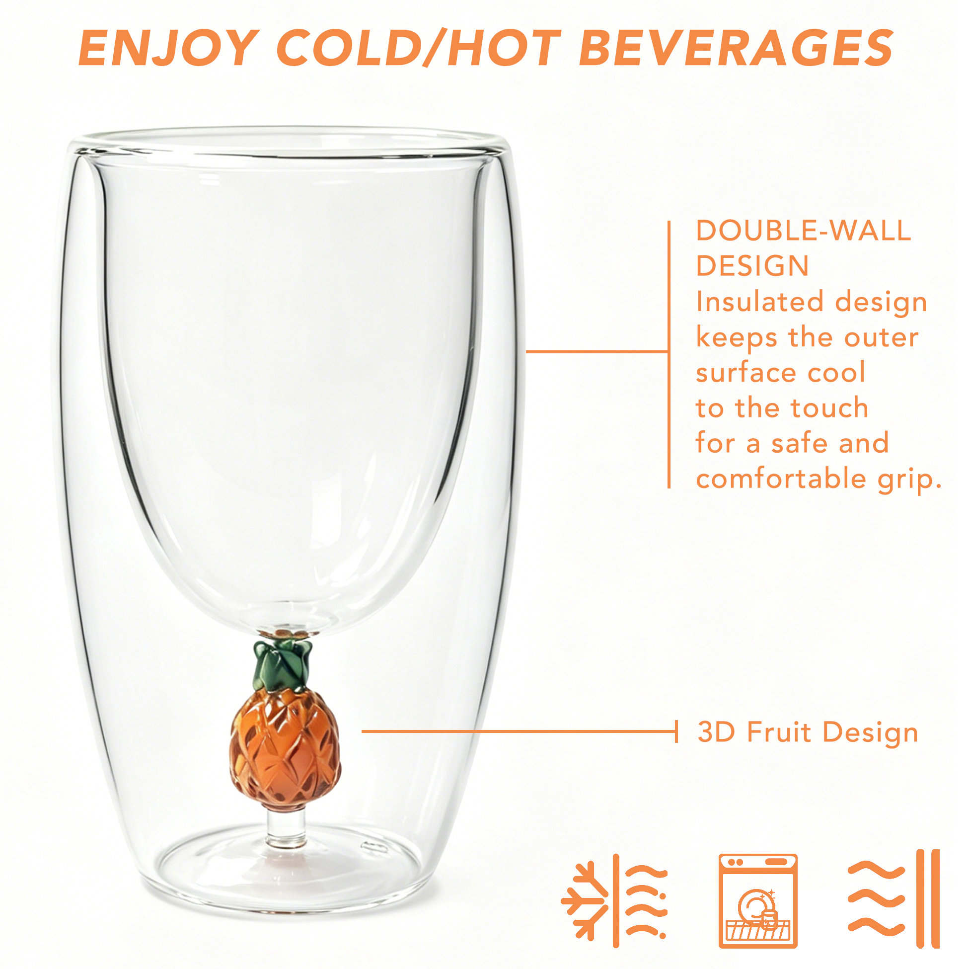 Set of 2 300ml Pineapple Double Wall Glass Cups