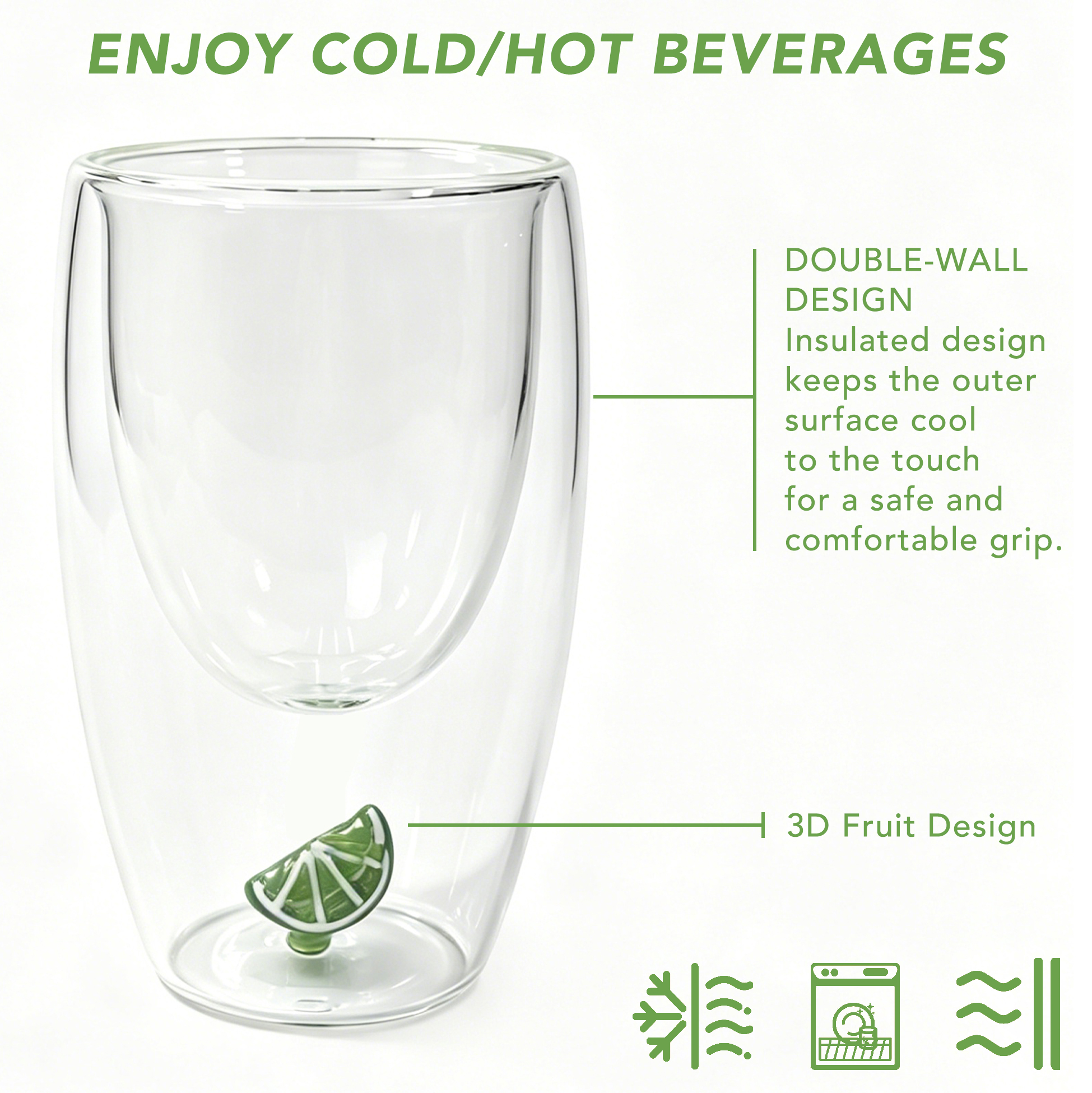 Set of 2 300ml Lime Double Wall Glass Cup