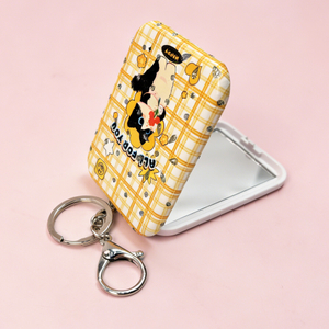Yellow Plaid Cat Print Compact Mirror