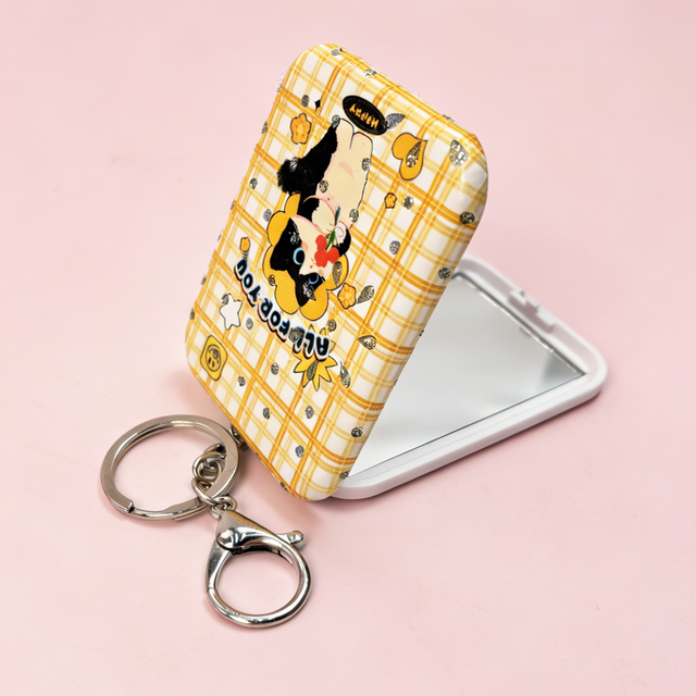 Yellow Plaid Cat Print Compact Mirror