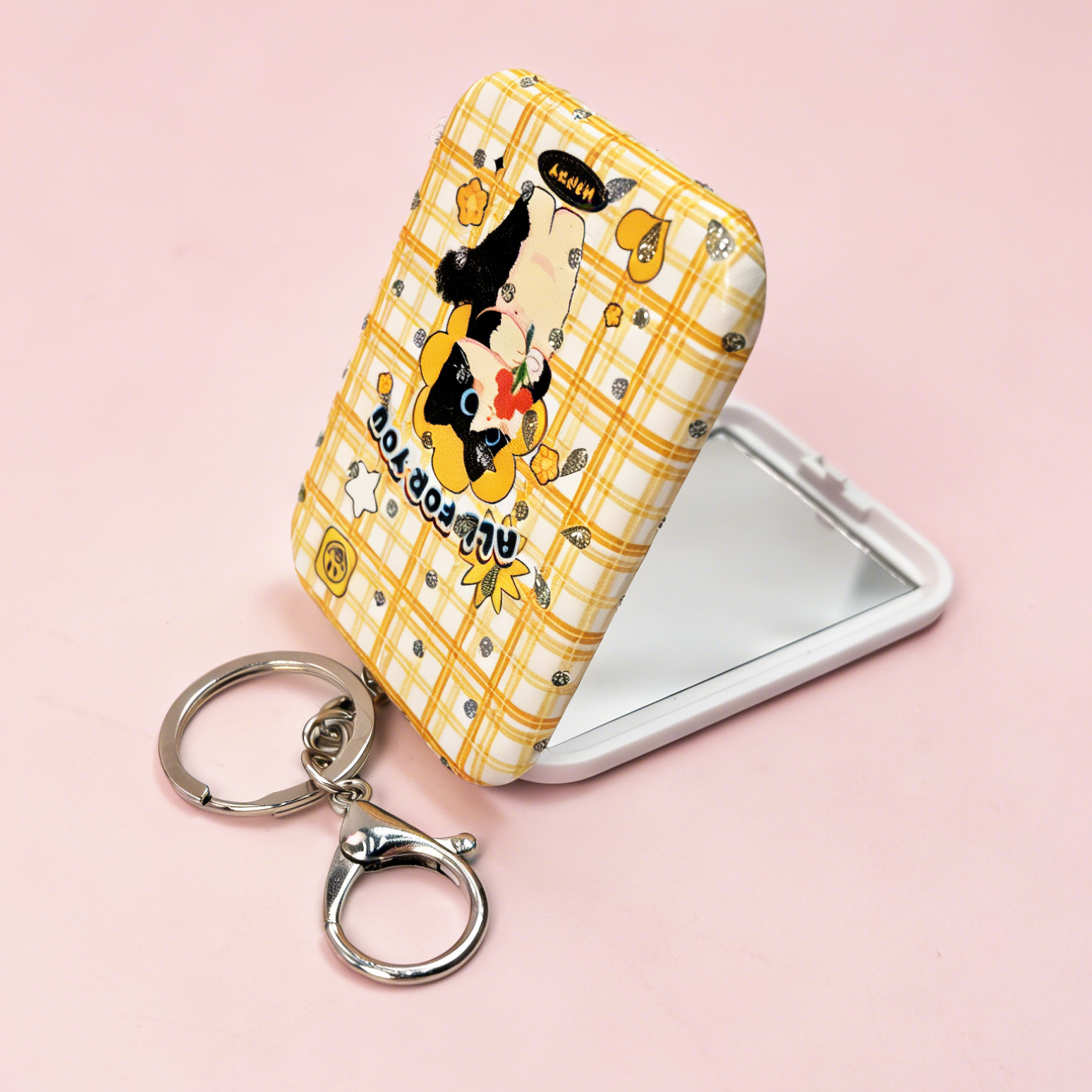 Yellow Plaid Cat Print Compact Mirror
