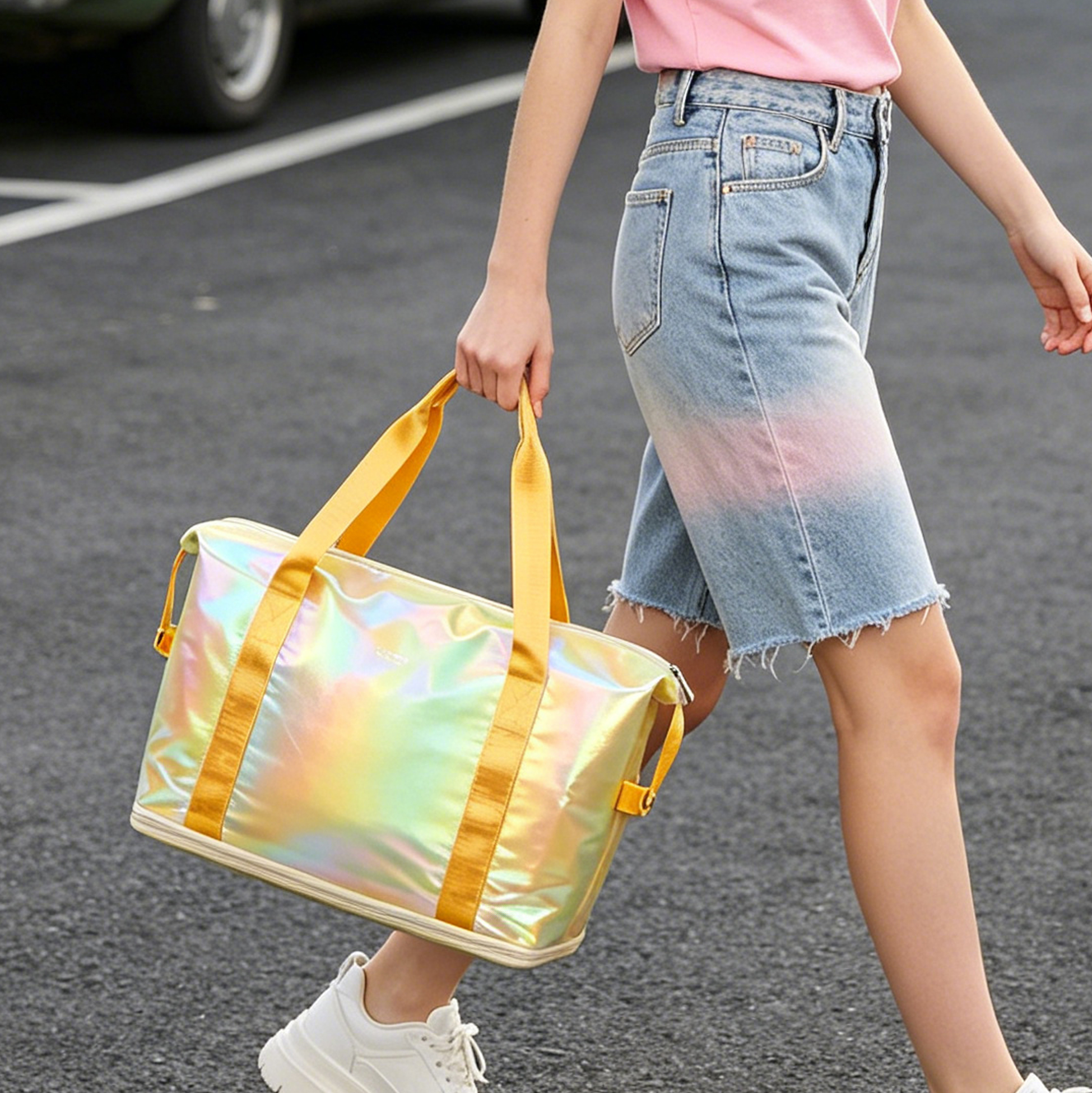 Holographic Gym Tote Bag, 41L Waterproof Iridescent Sports Travel Duffle Bag