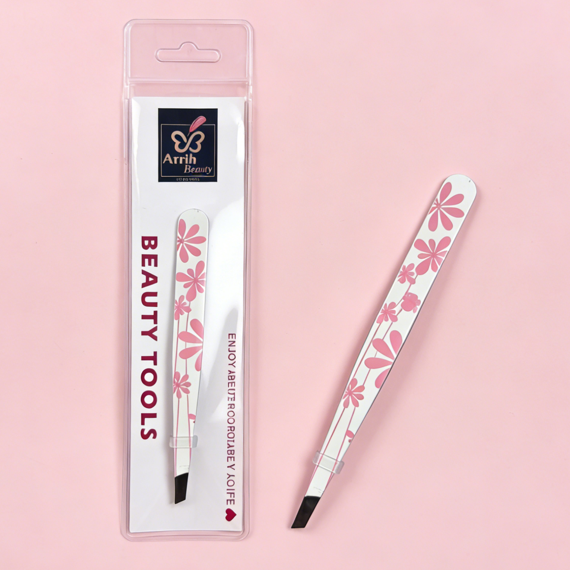 Floral Print Slant Tweezer Pink Eyebrow Tweezer