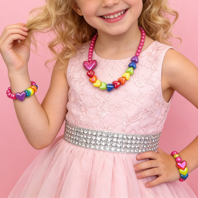 Kids Heart Beaded Necklace And Bracelet Set