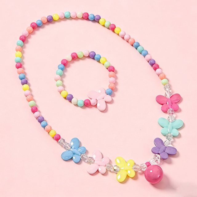Kids Colorful Flower Beaded Necklace And Bracelet Set