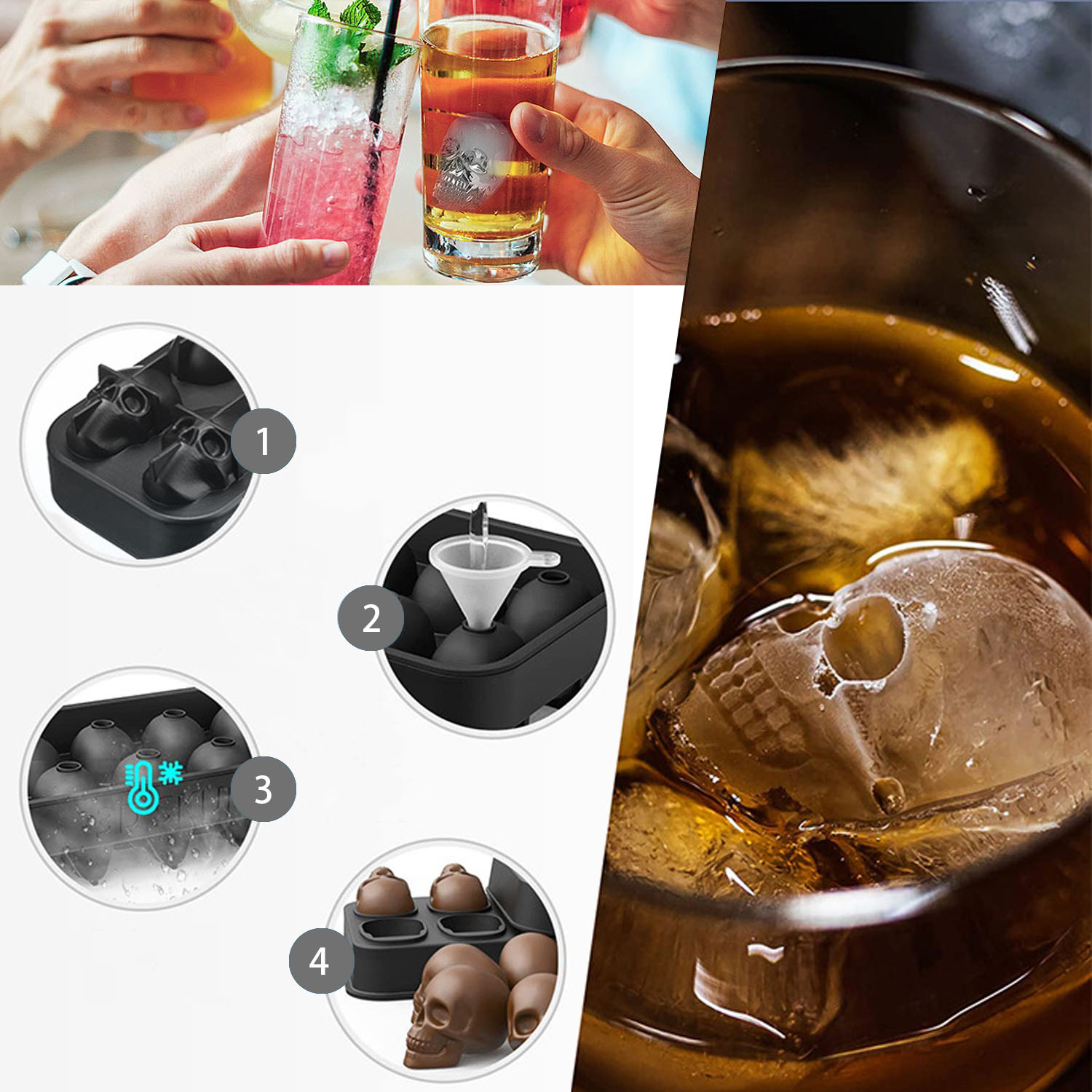 A Silicone Ice Cube Tray Skull 3D Silicone Ice Cube with Mini Funnel Perfect for Whiskey Cocktail