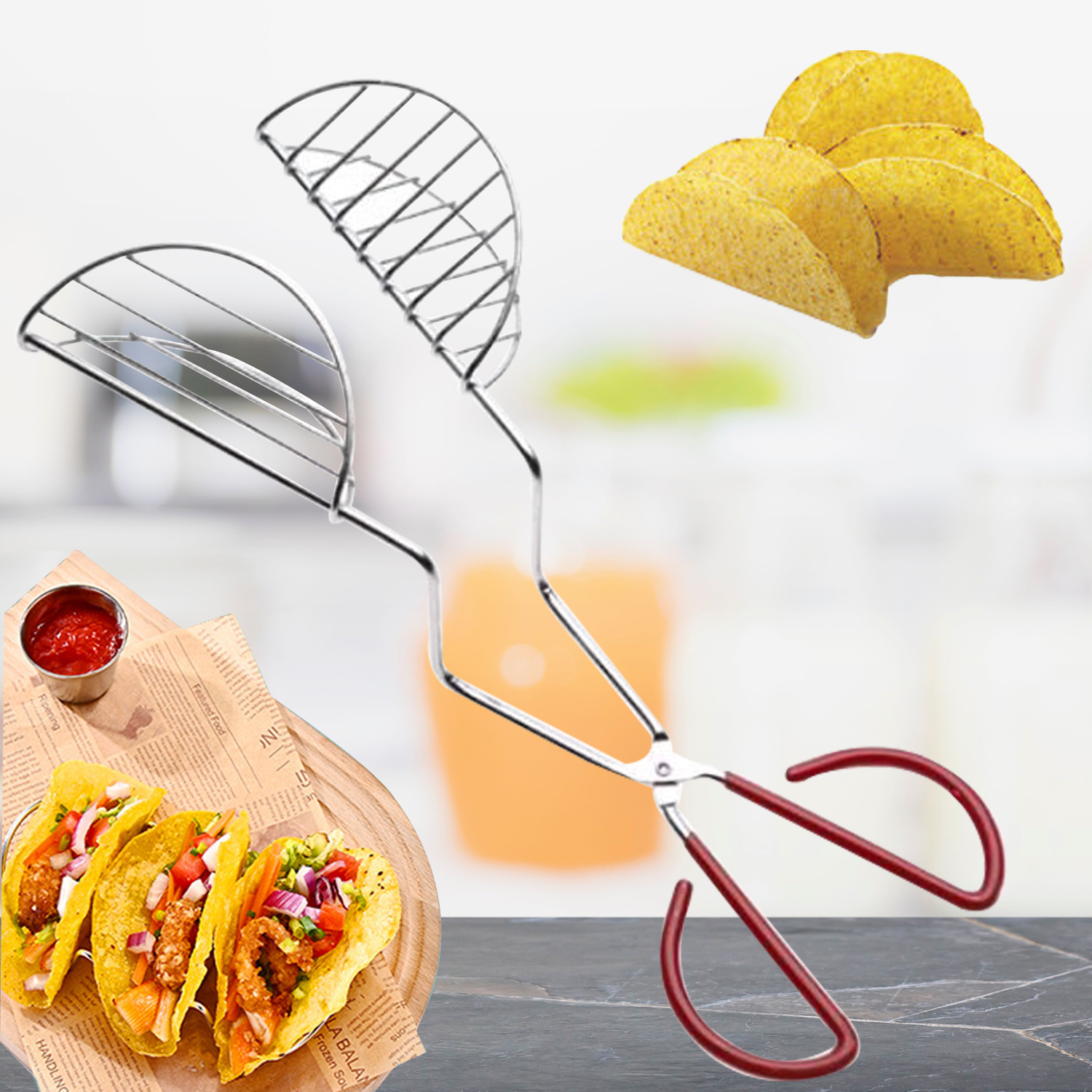 Taco Shell Maker Press Tortilla Fryer Tong Stainless Steel Holders, Tortilla Clip, Potato Chip Holder, Taco Tongs with Rubber Cover On Handle 