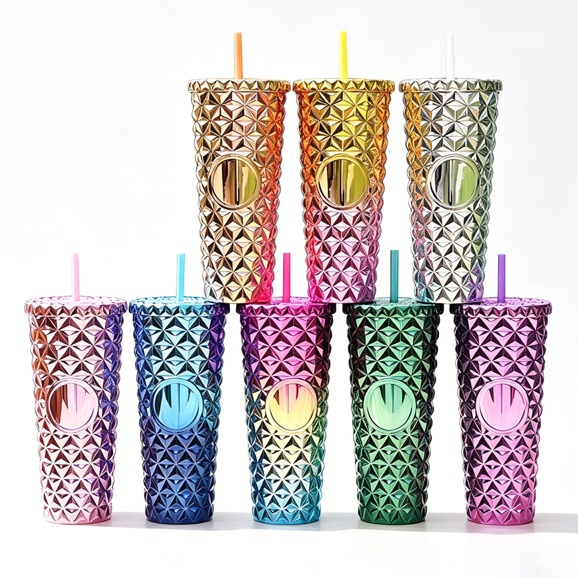 710ML Metallic Diamond Textured Tumbler with Straw